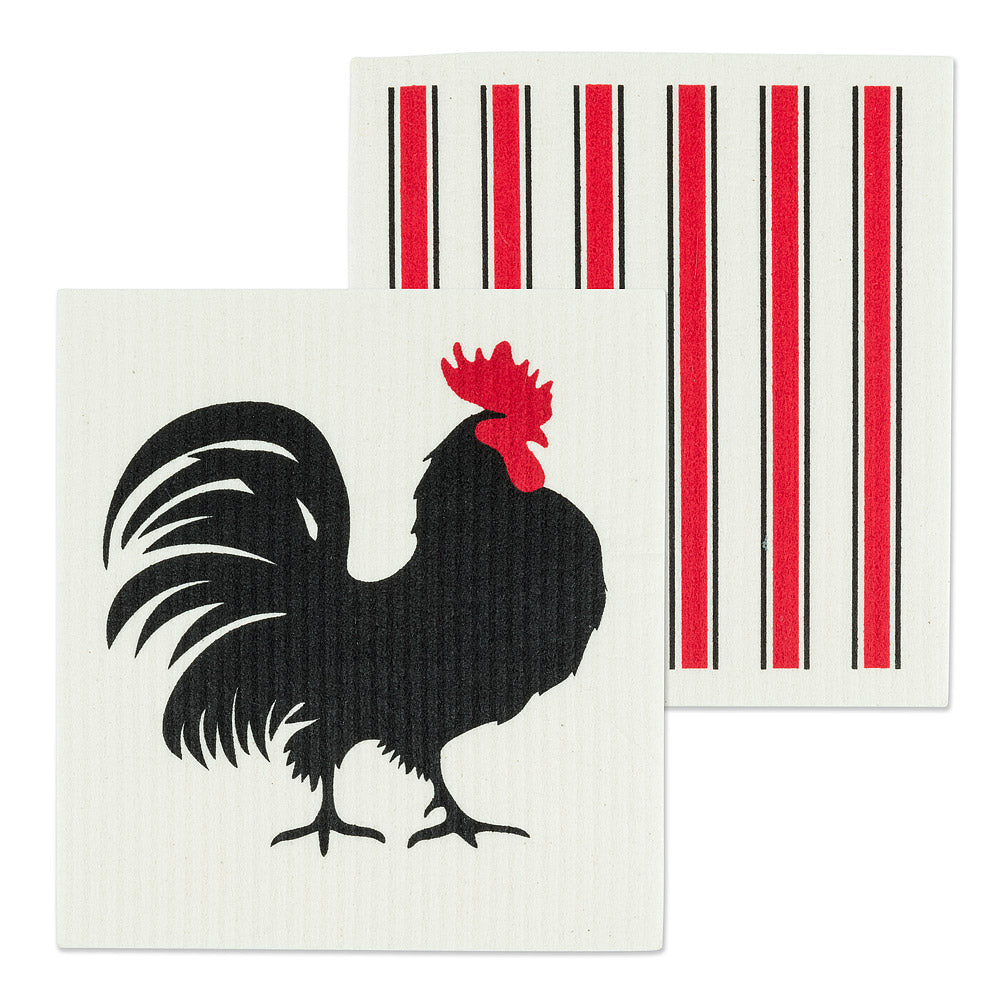 Rooster & Red Stripe Swedish Dish Cloths - Set of 2