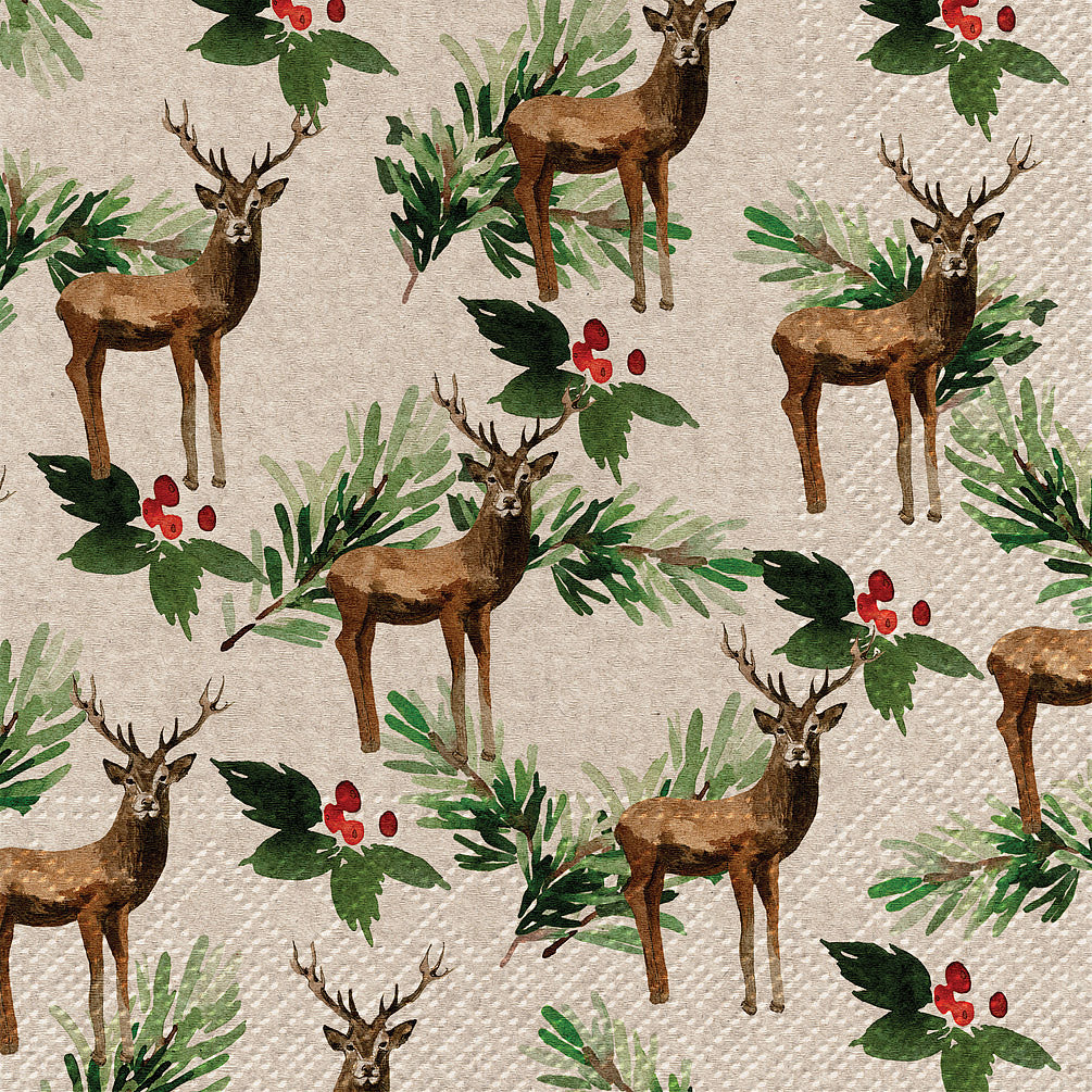 Deer and Holly Paper Napkin - Lunch | Putti Christmas Party Supplies 