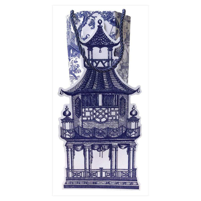 Caspari Blue and White Pagoda Hexagonal Bottle Gift Bag | Putti Christmas 