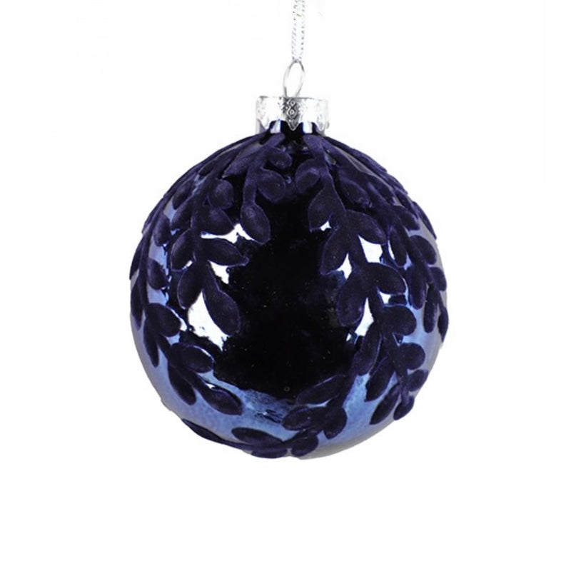 Navy with Flocked Vines Glass Ball Ornament