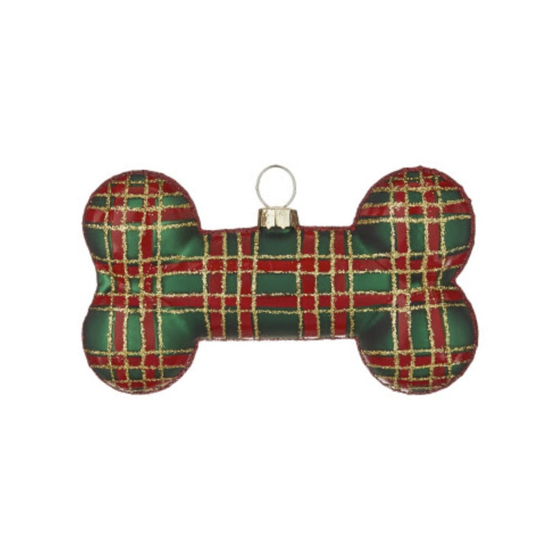 Red and Green Plaid Dog Bone Glass Ornament