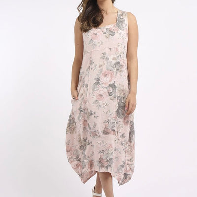 Floral Sleeveless Linen Dress - Blush Pink