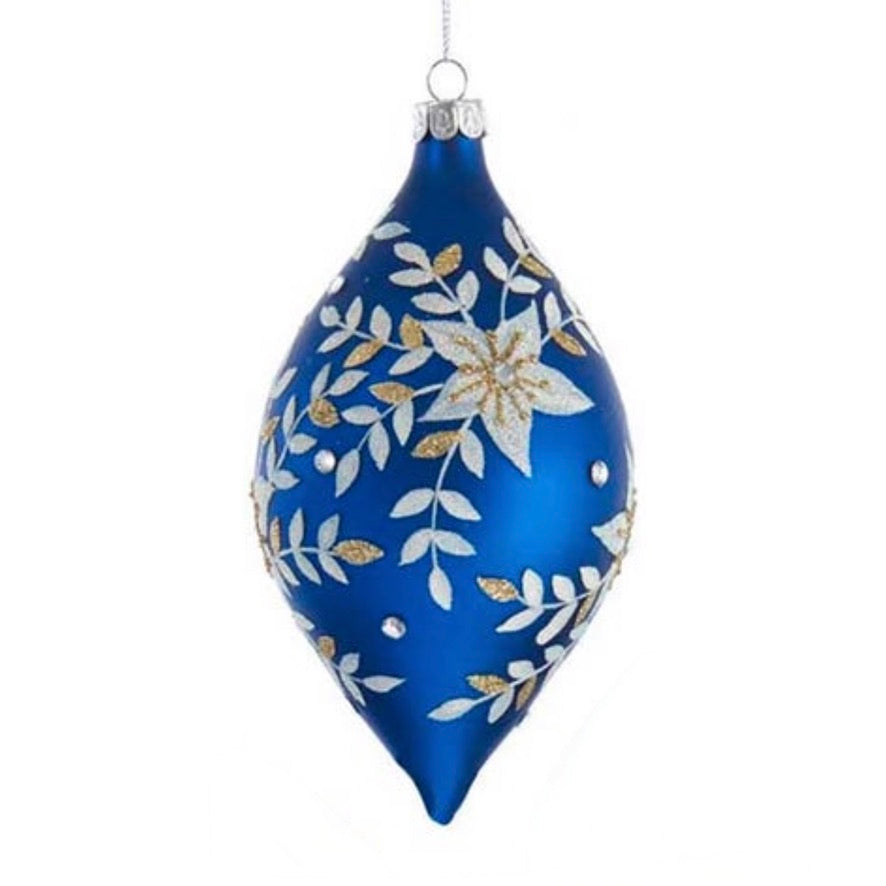 Indigo Blue with Flowers Glass Double Point Ornament | Putti Celebrations 