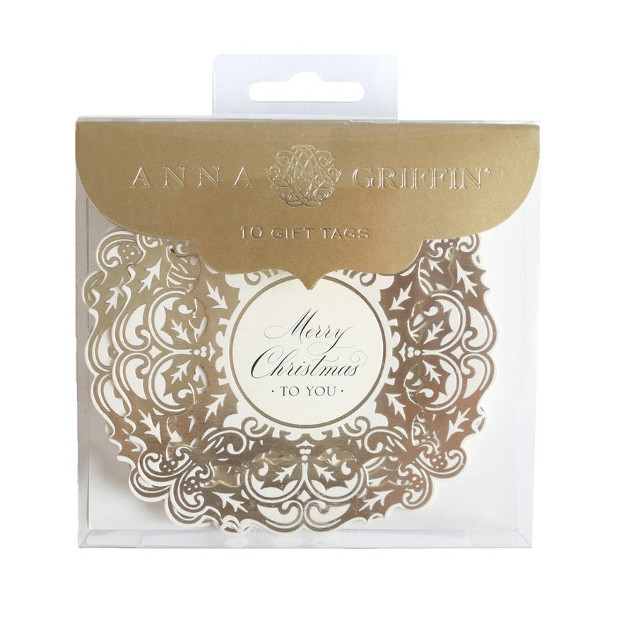 Anna Griffin Gold Foil Holly Wreath Christmas Gift Tags | Putti Holliday Stationery 