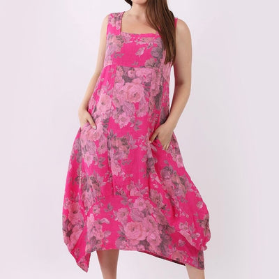 Floral Sleeveless Linen Dress - Fuchsia Pink