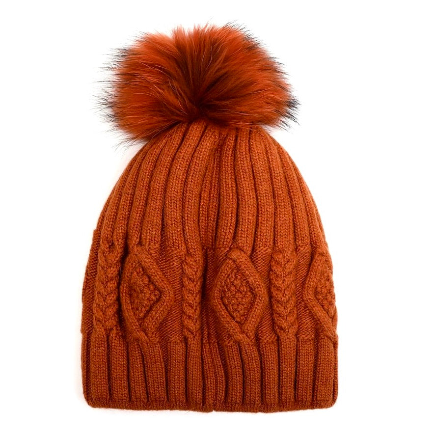 Angora Diamond Cable Knit Fur Pom Pom Hat - Rust | Putti Fine Fashions 