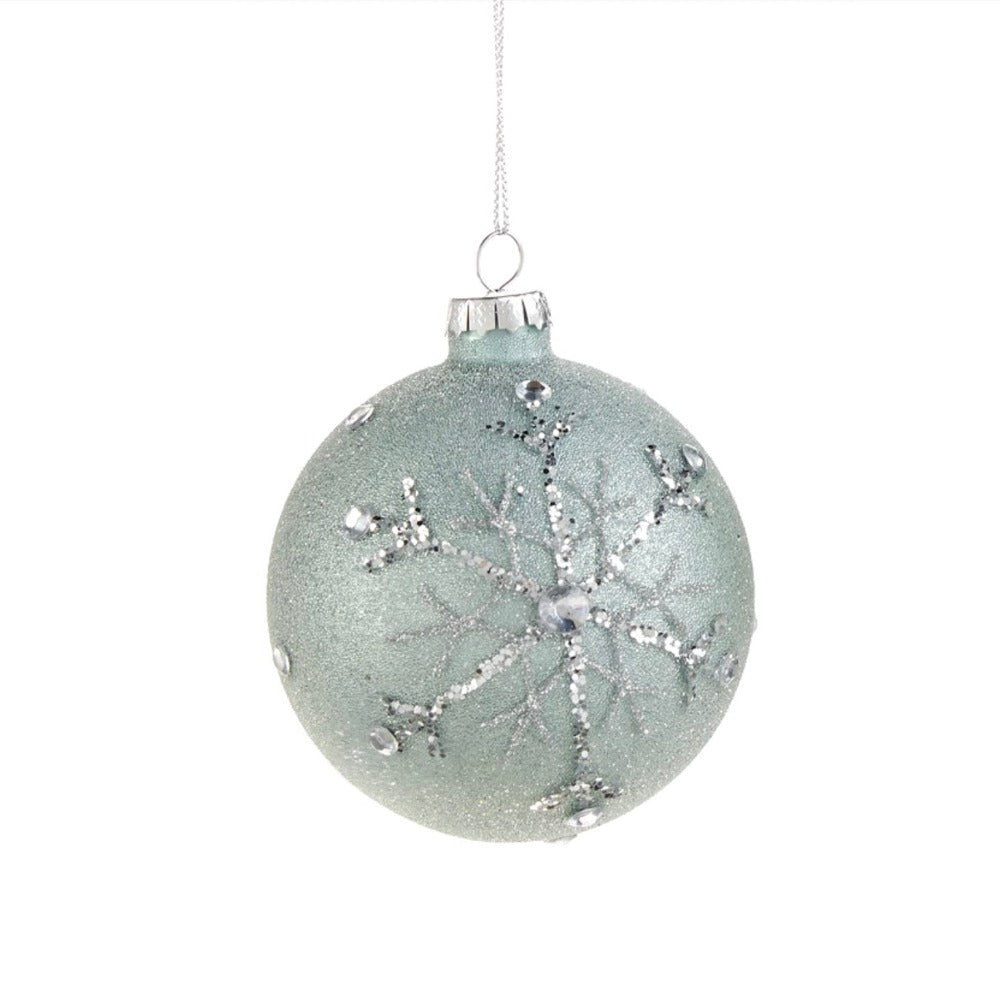 Aqua Glass Ball Ornament with Silver Snowflake | Putti Christmas 