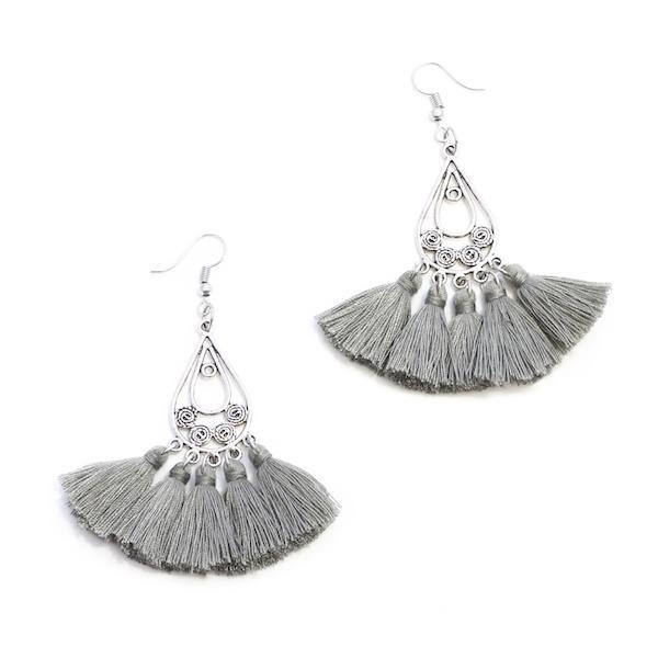 Tear Drop Tassel Earrings - Grey | Putti Fine Fashions 