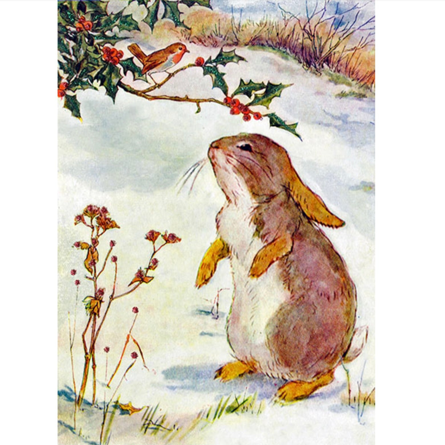 Bunny with Robin Hand Glittered Christmas Card