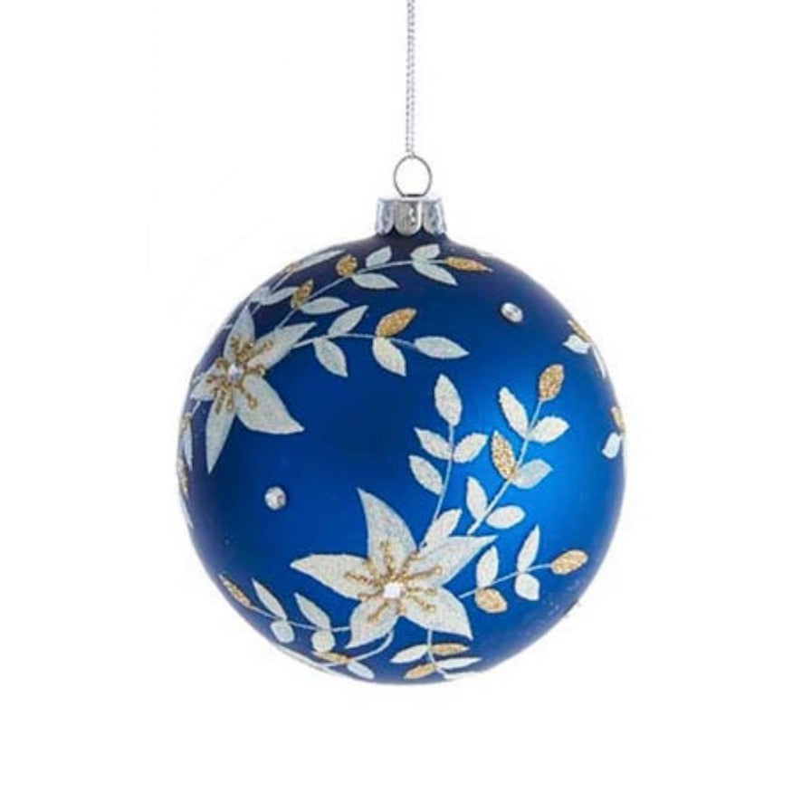 Indigo Blue with Flowers Glass Ball Ornament | Putti Celebrations 