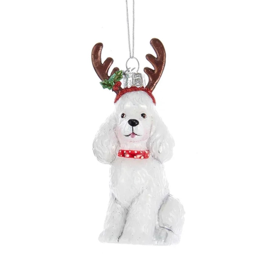 Kurt Adler White Poodle with Antlers Glass Ornament | Putti Christmas 