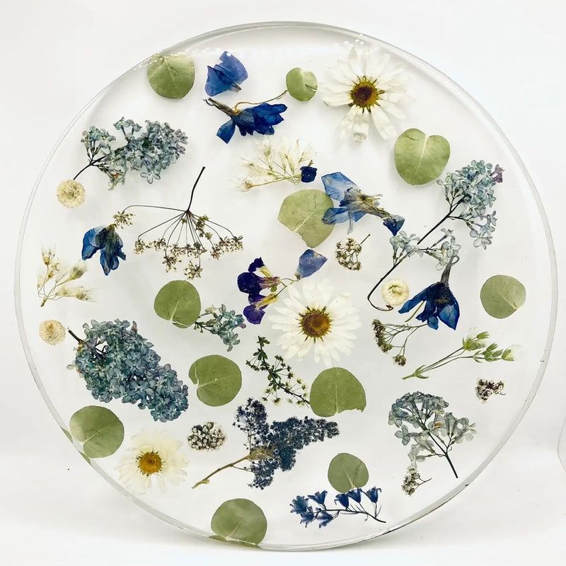 Resin Display Platter with Blue and White Pressed Flowers | Putti Fine Furnishings