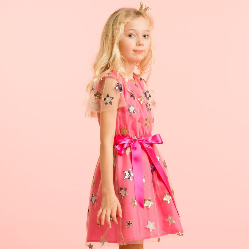 Aster Pale Pink Sequin Star Luxury Girls Party Dress | Le Petite Putti 