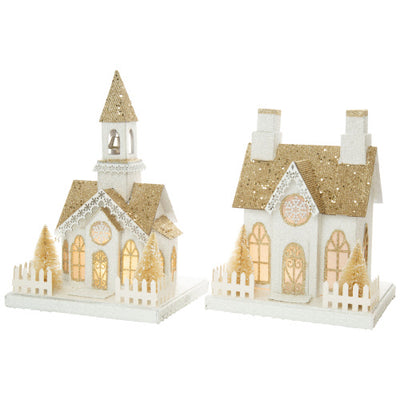 White and Gold Glittered Cardboard House with LED | Putti Christmas