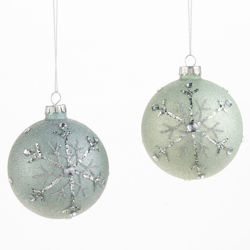 Aqua Glass Ball Ornament with Silver Snowflake | Putti Christmas 
