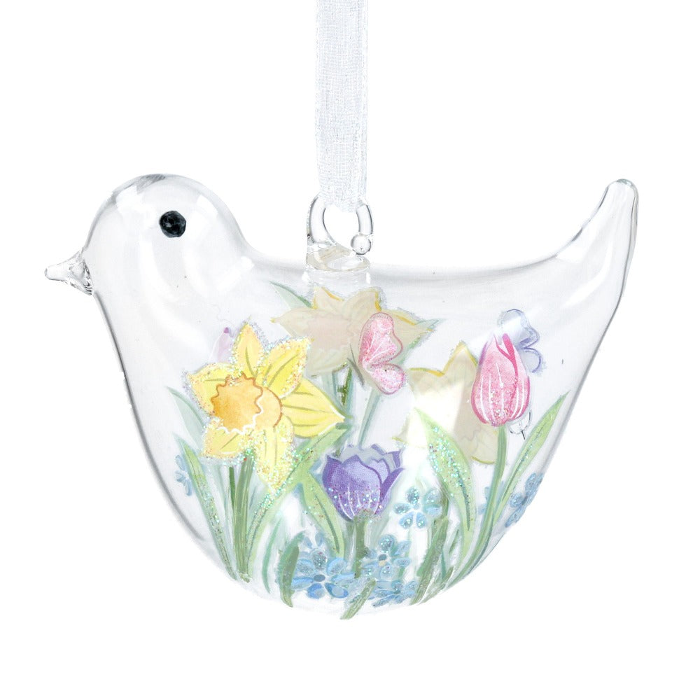 Daffodil & Tulip Clear Glass Bird Ornament