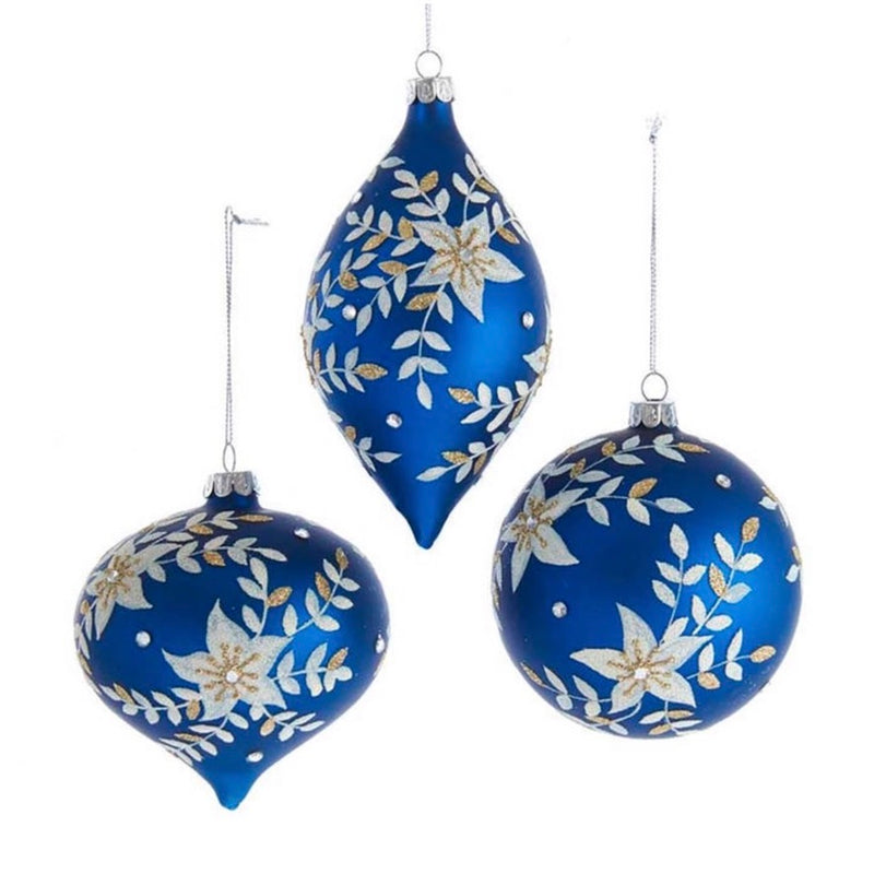 Indigo Blue with Flowers Glass Double Point Ornament | Putti Celebrations 