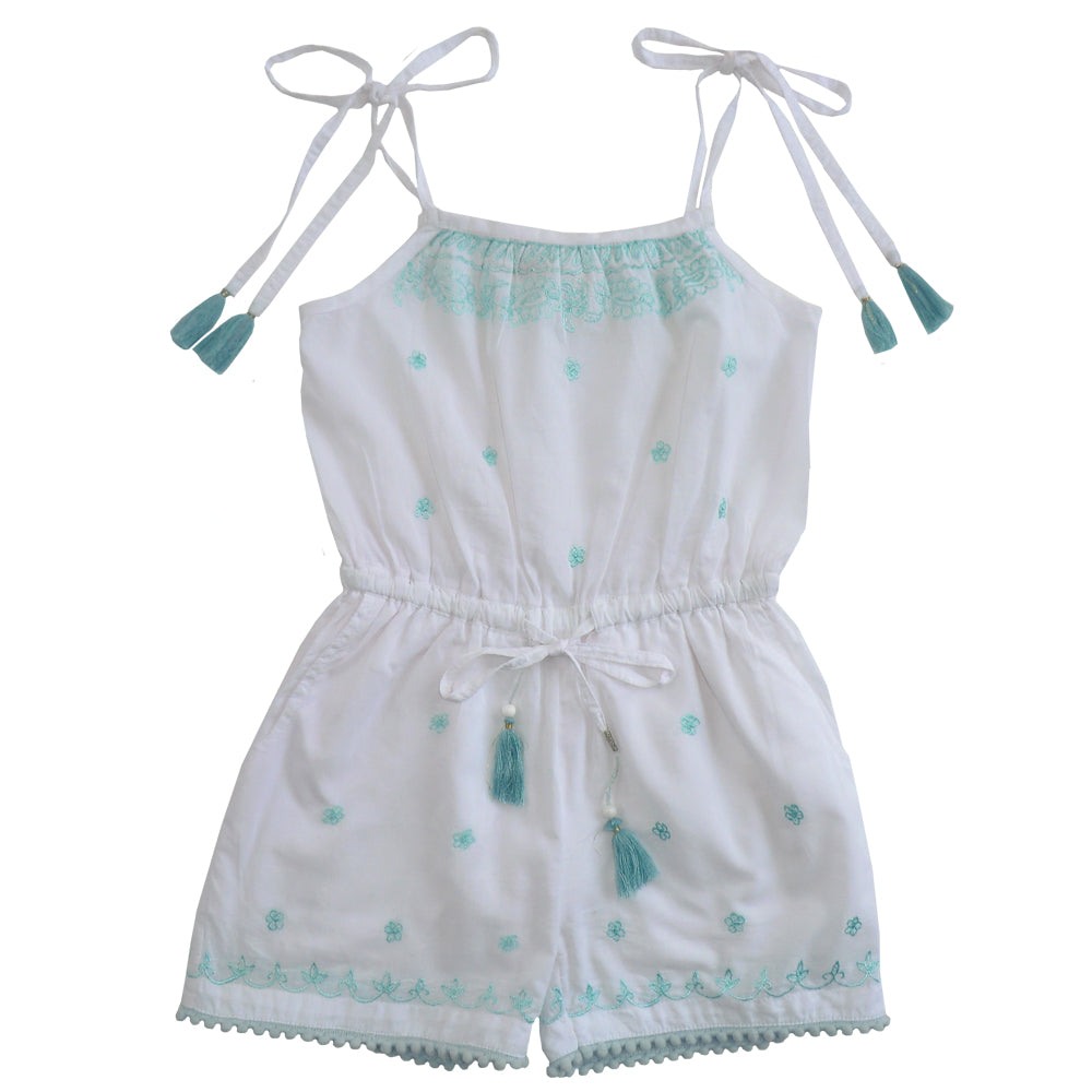 White Play Suit with Mint Embroidery