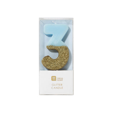 "We Heart Birthdays" Blue Glitter Number Candle - Three