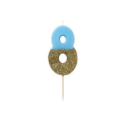 "We Heart Birthdays" Blue Glitter Number Candle -Eight