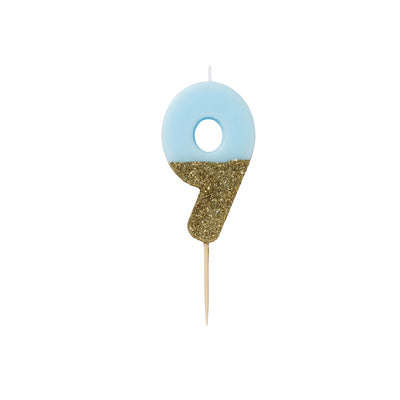 "We Heart Birthdays" Blue Glitter Number Candle - Nine