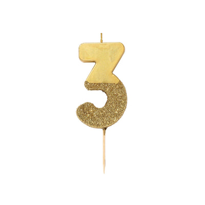 "We Heart Birthdays" Gold Glitter Number Candle - Three | Le Petite Putti Canada