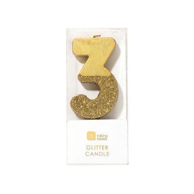 "We Heart Birthdays" Gold Glitter Number Candle - Three | Le Petite Putti Canada