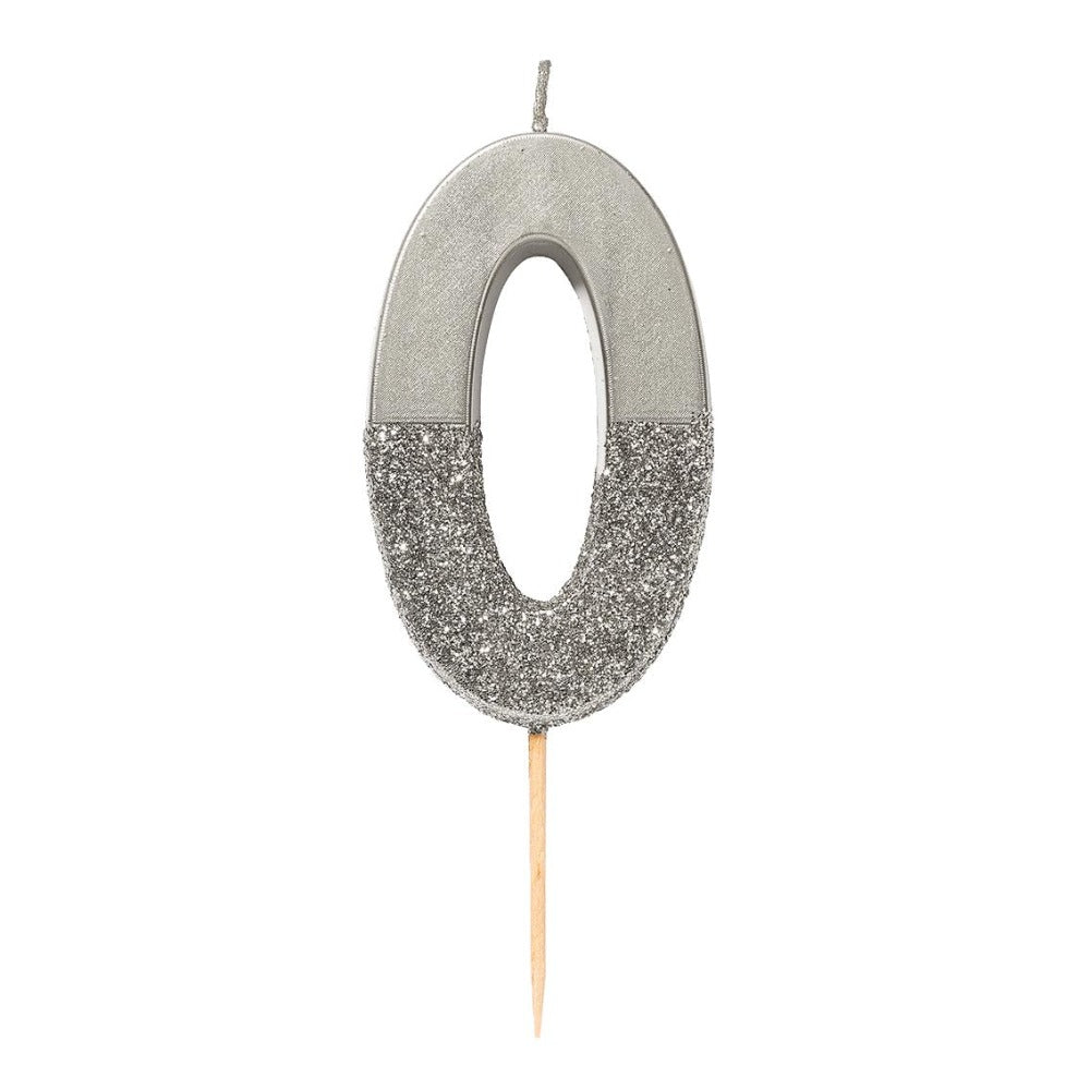 Silver Glitter Number Candle - Zero