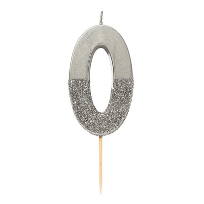 Silver Glitter Number Candle - Zero
