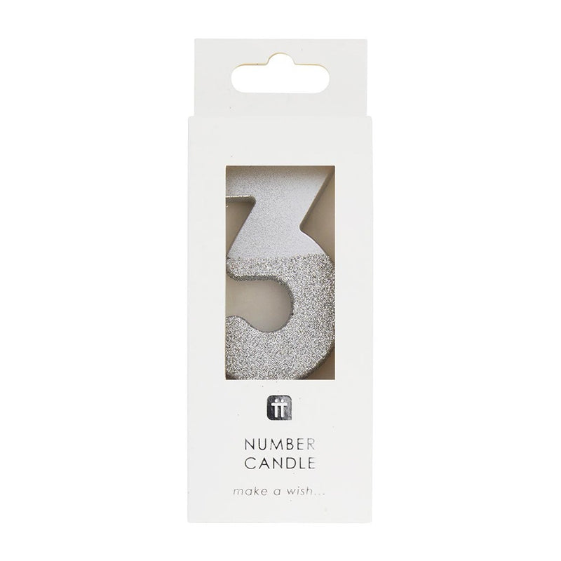 Silver Glitter Number Candle - Three