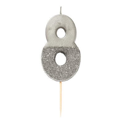 Silver Glitter Number Candle - Eight