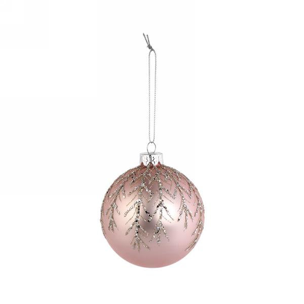 Matte Pink Glass Christmas 3" Ball Ornament with Silver Glitter Leaves | Putti 