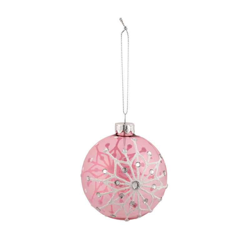 Pink with White Snowflakes Glass Ball Ornament