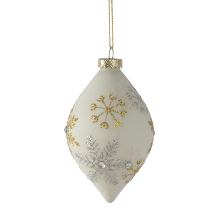 Off White with Gold and Silver Snowflakes Glass Ball Ornament | Putti Christmas 