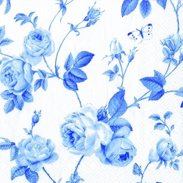 Blue and White Rambling Rose Paper Cocktail Napkins