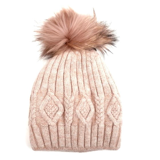 Angora Diamond Cable Knit Fur Pom Pom Hat - Natural | Putti Fine Fashions 