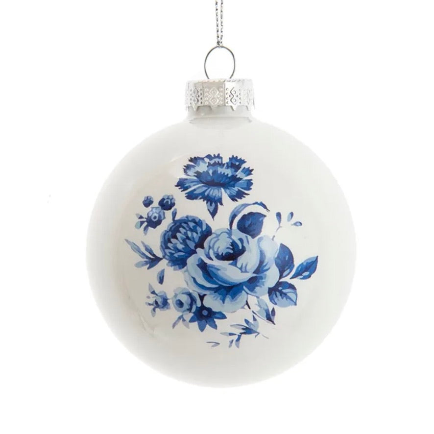 Indigo Blue and White Shiny Glass Ball Ornament | Putti Christmas Decorations 
