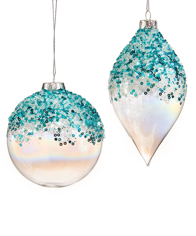Aqua Sequin Clear Glass Double Point Ornament