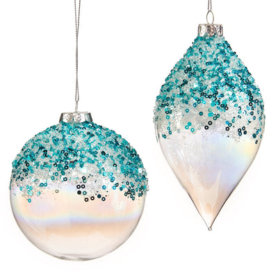 Aqua Sequin Clear Glass Ball Ornament