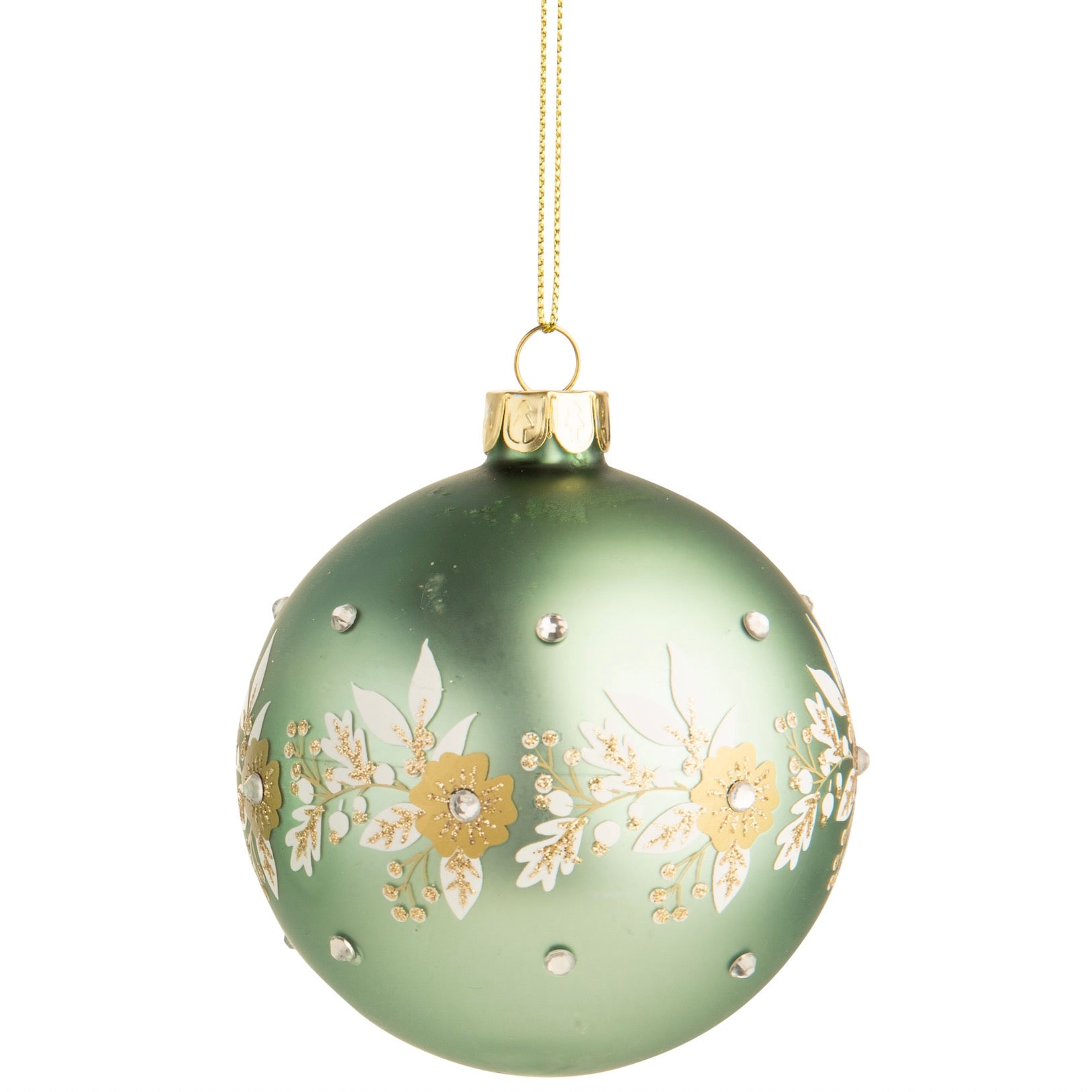Matte Light Green Glass Ball Ornament with Gold Flowers