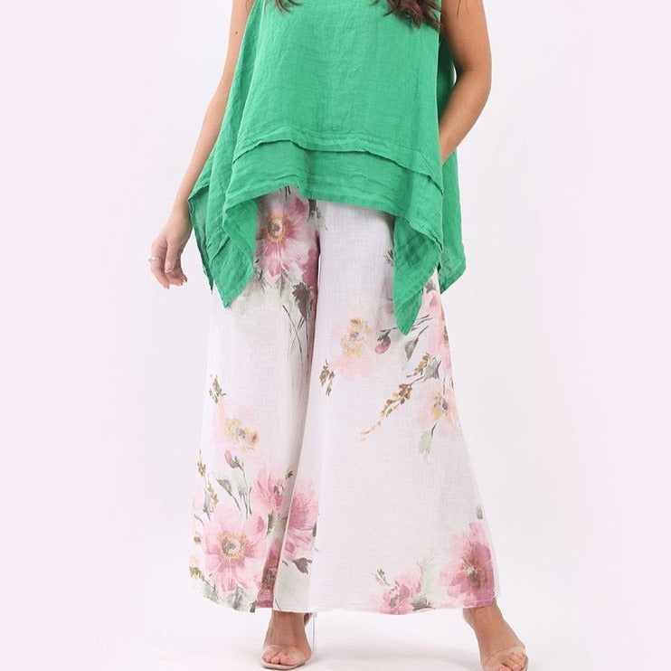 Floral Print Linen Palazzo Pants - White
