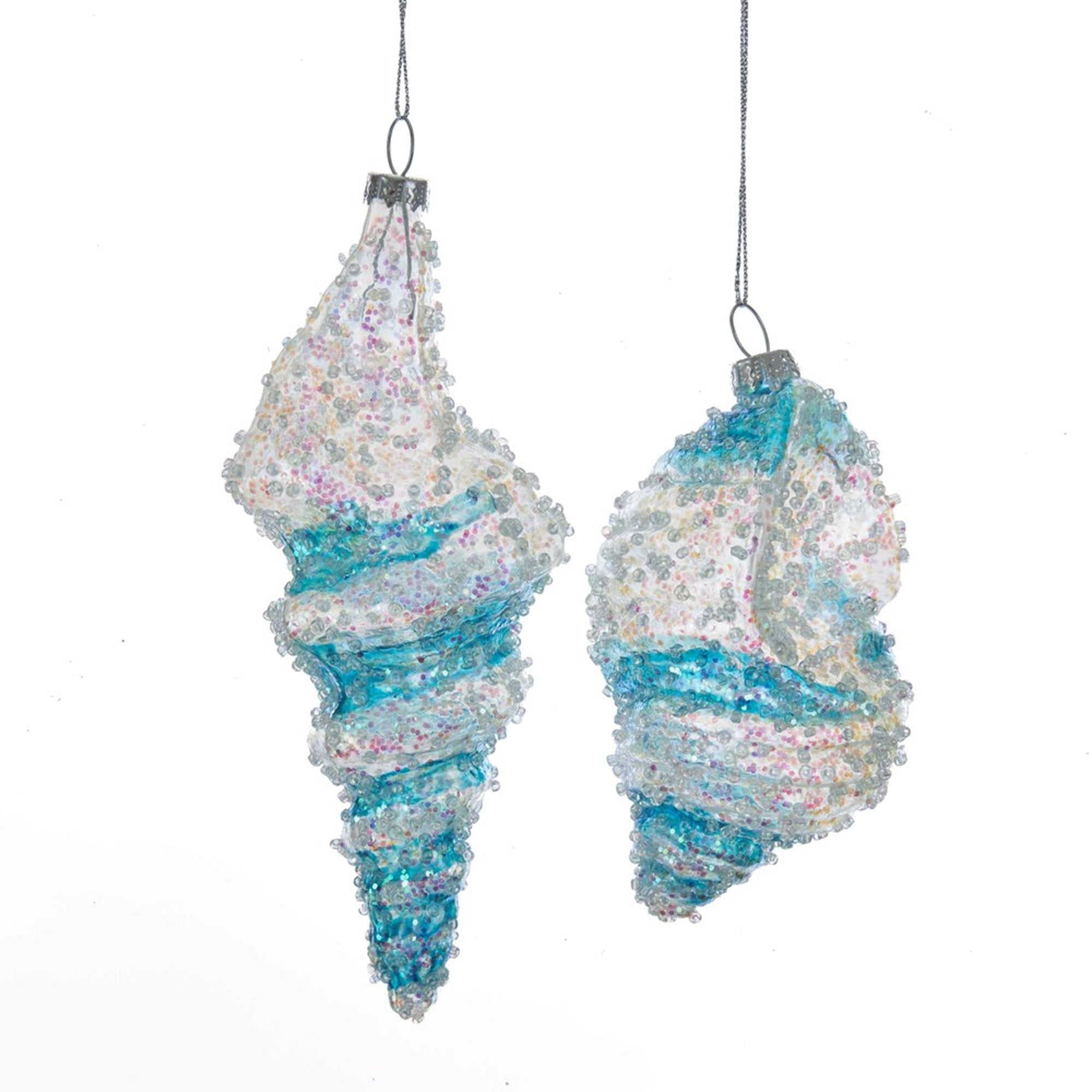 Kurt Adler Blue and Clear Stripe Glass Shell Ornaments | Putti Christmas Canada