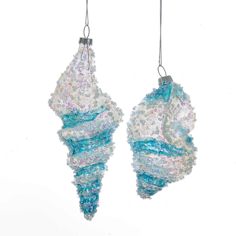 Kurt Adler Blue and Clear Stripe Glass Shell Ornaments | Putti Christmas Canada