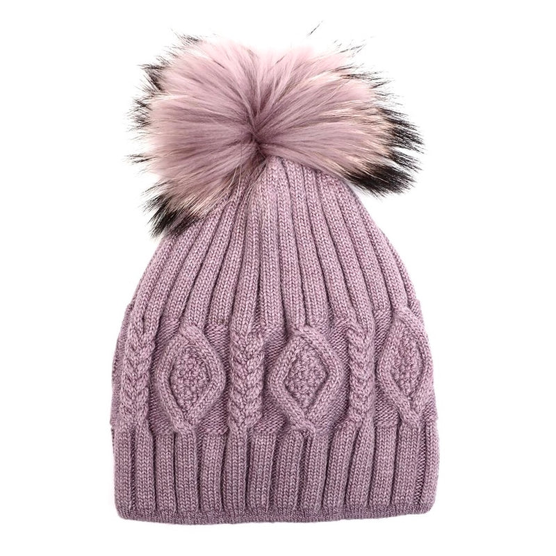 Angora Diamond Cable Knit Fur Pom Pom Hat - Lilac | Putti Fine Fashions 