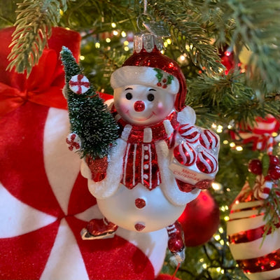 Noble Gems Glass Peppermint Snowman Ornament  | Putti Christmas Canada