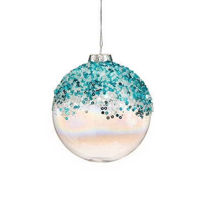 Aqua Sequin Clear Glass Ball Ornament