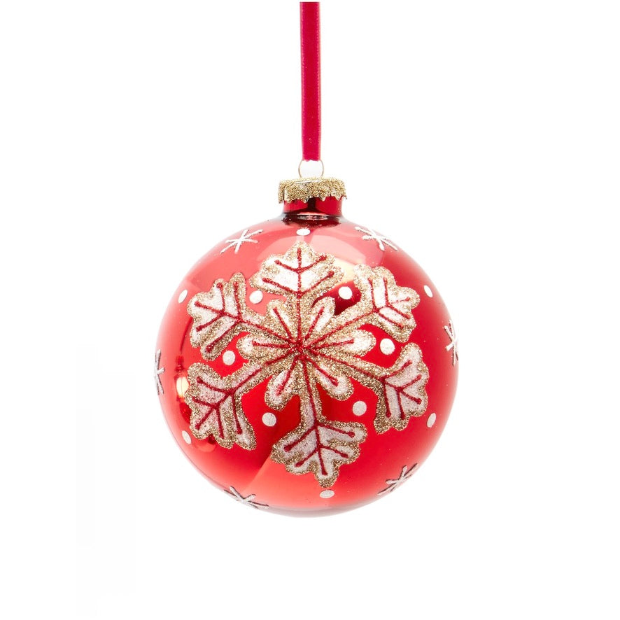 Red with White Snowflake Glass Christmas Ball Ornament | Putti Christmas 