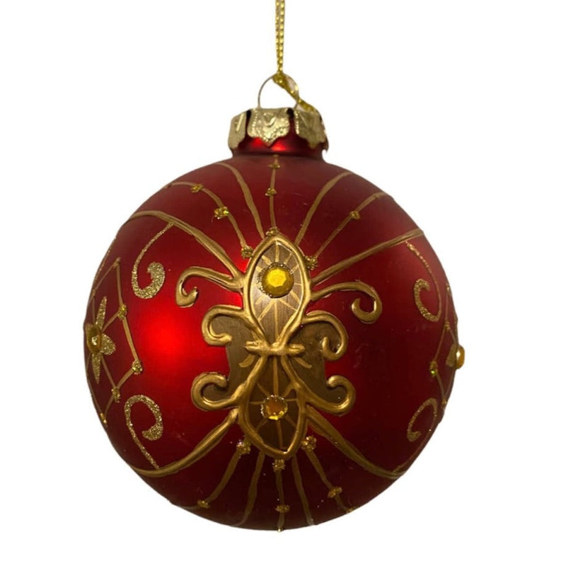 Matte Red with Fleur de Lis Glass Ball Ornament | Putti Christmas Canada