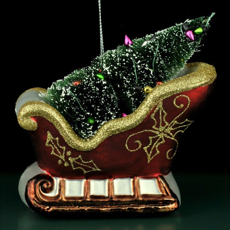 Red and Gold Glass Sleigh Ornament with Tree - Putti Christmas 