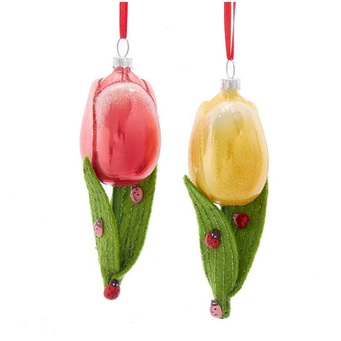 Kurt Adler Ladybug Yellow Tulip Flower Glass Ornament | Putti Christmas Canada